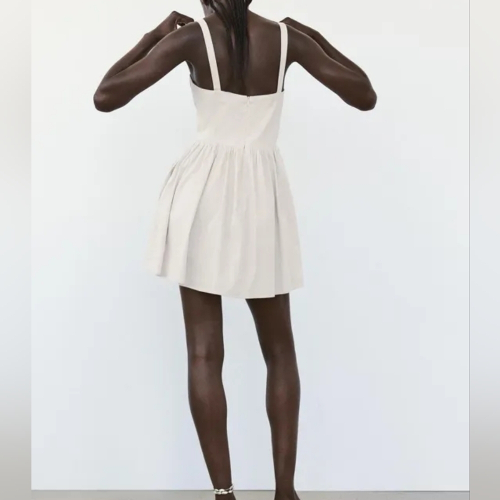 Zara White Cotton Voluminous Milkmaid Summer Pleated Sleeveless Mini Dress - Picture 3 of 7